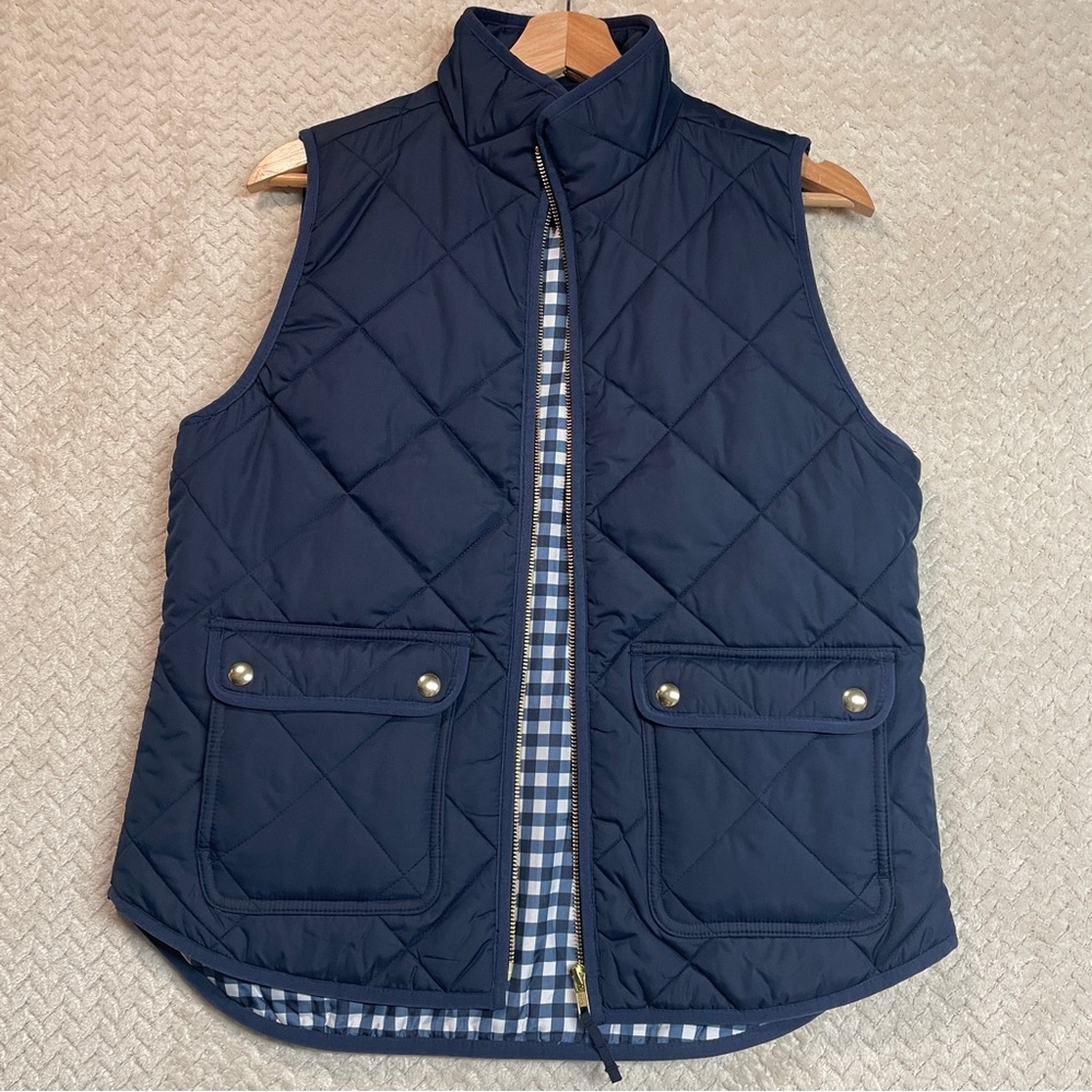 J.Crew Womens S Navy Blue Puffer Zip Up‎ Vest Gingham Print Snap Buttons Preppy